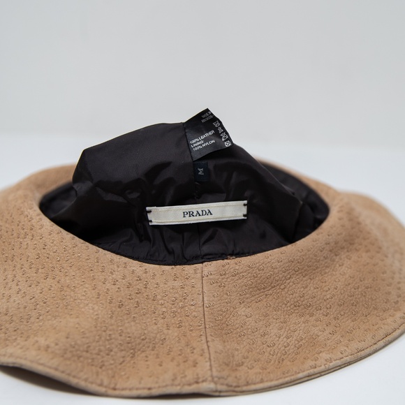 Prada Genuine Leather Textured Ribbon Bow Trim Bucket Sun Hat Neutral Beige M - Picture 5 of 6